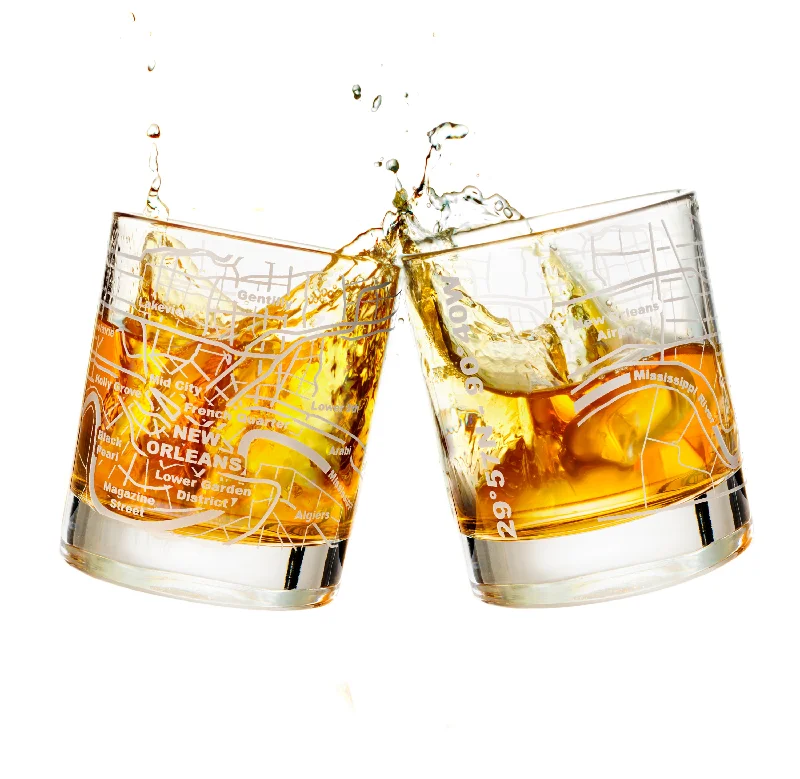 New Orleans Etched Street Grid Whiskey Glasses