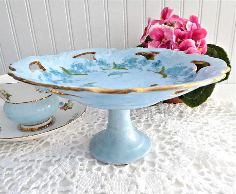 Blue Pedestal Cake Plate Hand Painted Artistan Violets Forget Me Nots 1971