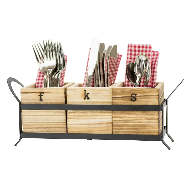 Fork, Knife & Spoon - Wood & Metal Flatware Storage Caddy