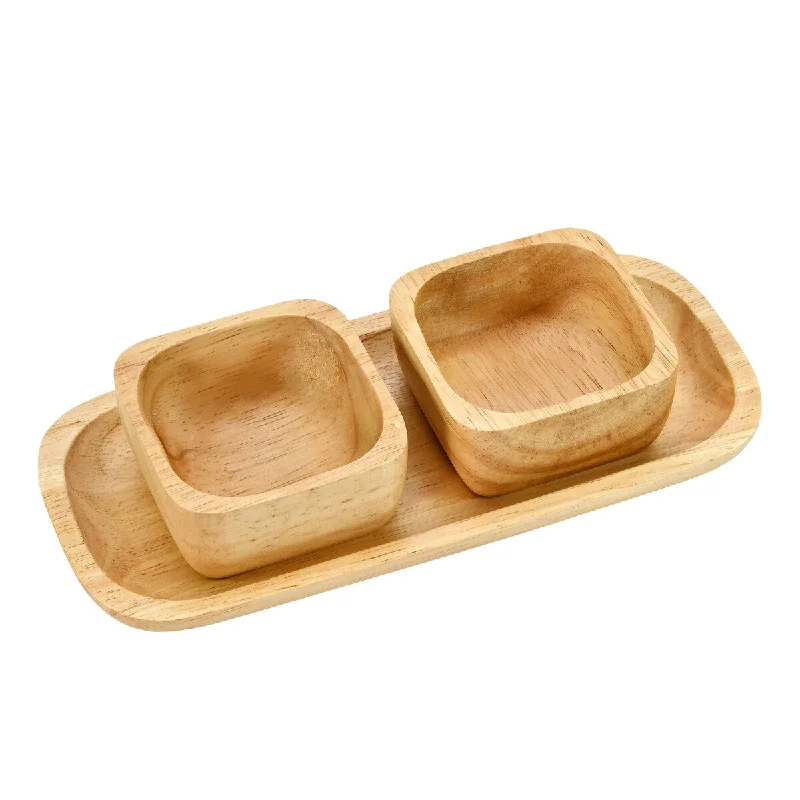 Handmade Functional Snack Plate with Two Square Bowl Natural Brown Rain Tree Wood Set (Thailand)