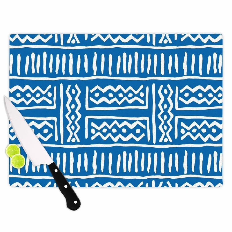 Kess InHouse Dan Sekanwagi 'Lines And Zigzags' Blue Tribal Glass Cutting Board