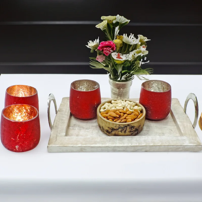 Ainaa Collection - Set of 2 Red Glass Votive with Tray & Crackle Bowl