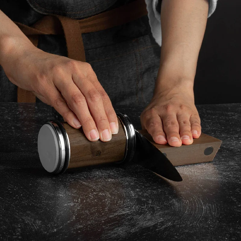 Rolling Knife Sharpener with Magnetic Base with Wooden Base