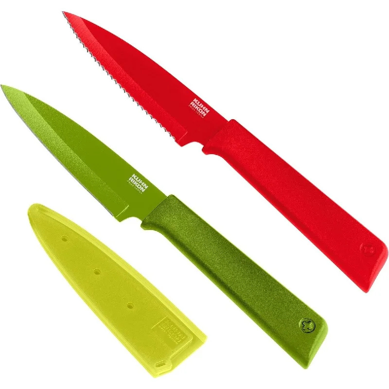 Kuhn Rikon COLOR Non-Stick Straight and Serrated Paring Knives with Safety Sheaths, Red and Green, Set of 2