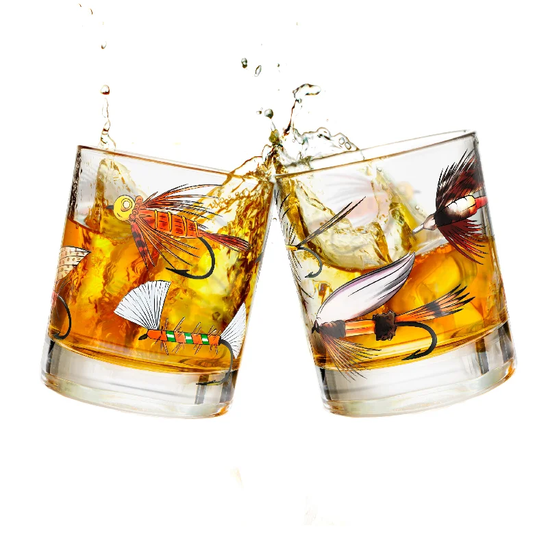 Fly Fishing Lures Whiskey Glass Set