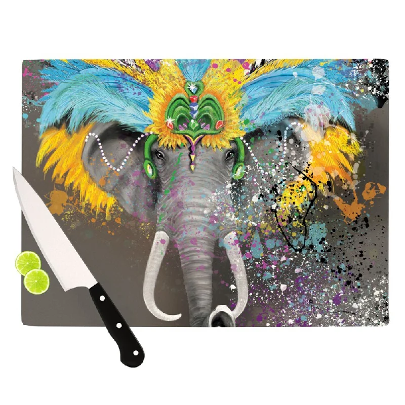 Kess InHouse Geordanna Cordero-Fields 'My Elephant with Headdress' Grey Rainbow Glass Cutting Board