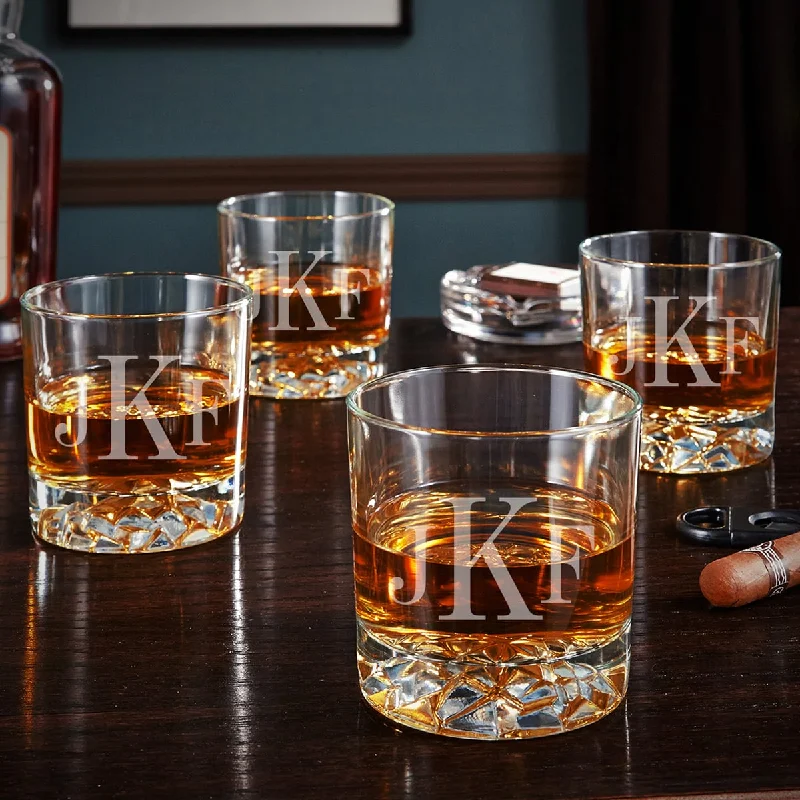 Monogrammed Bourbon Glasses with Glacier Bottom - Set of 4