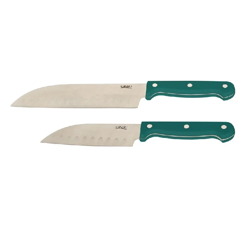 Ginsu Essential Series 2-Piece Stainless Steel Santoku Knife Set - Cutlery Set with Teal Kitchen Knives