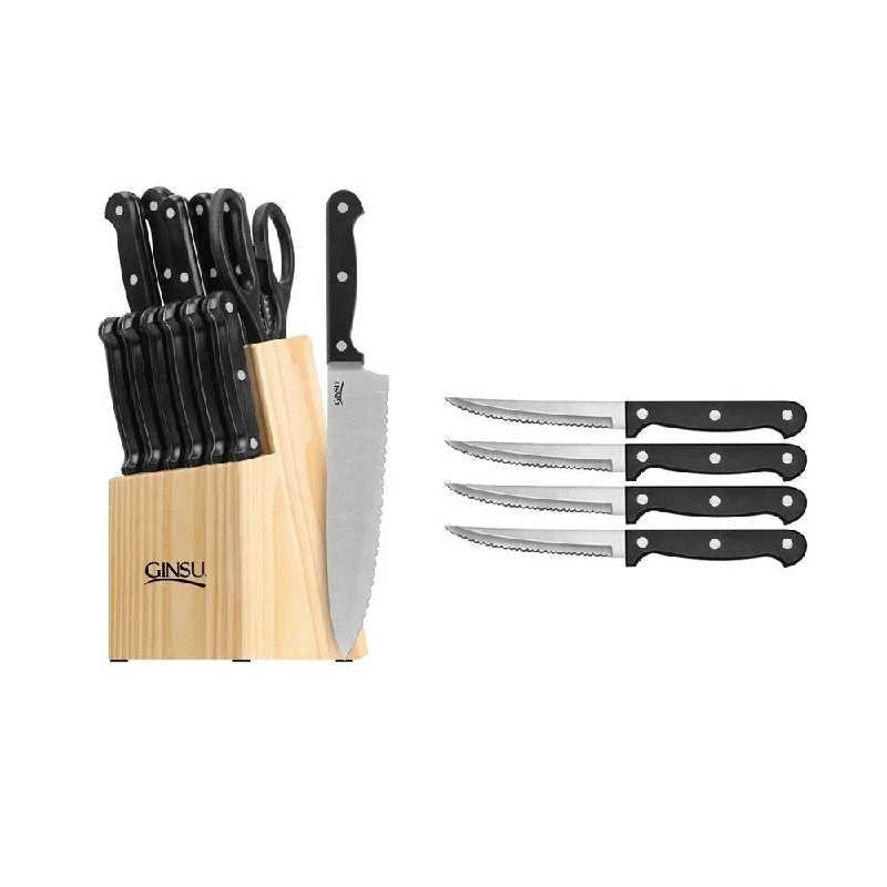 Ginsu Essential Series 18-Piece Stainless Steel Serrated Knife Set - Cutlery Set with Black Kitchen Knives, Black Block