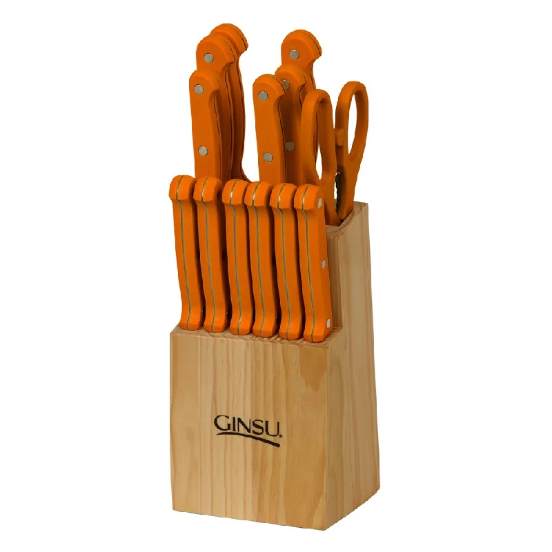 Ginsu Essential Series 14-Piece Stainless Steel Serrated Knife Set - Cutlery Set w/ Orange Kitchen Knives, Natural Block