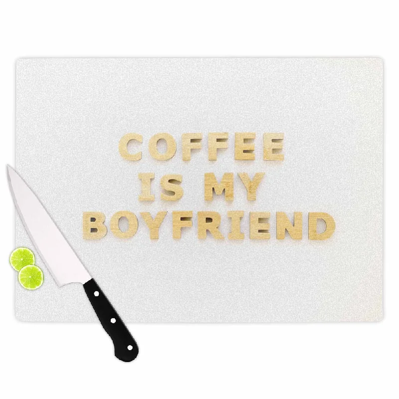 Kess InHouse Kristi Jackson 'Coffee is My Boyfriend' Typography Beige Tempered Glass Cutting Board