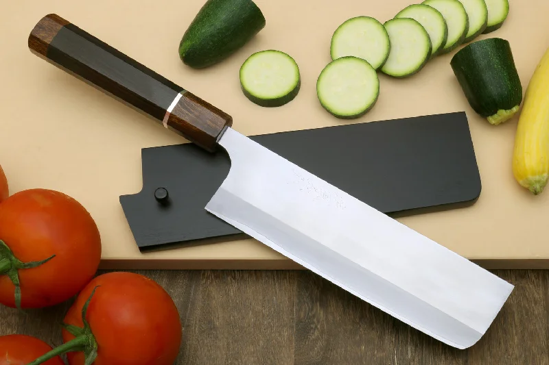 Yoshihiro Hayate ZDP-189 Super High Carbon Stainless Steel Nakiri Vegetable Chef Knife 7" (180mm) Premium Ebony wood Handle with Sterling Silver Nuri Saya Cover