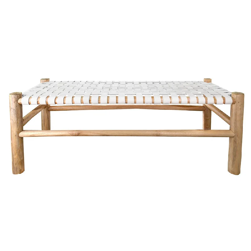 BENCH Wood with Leather Weave White 110x45cm