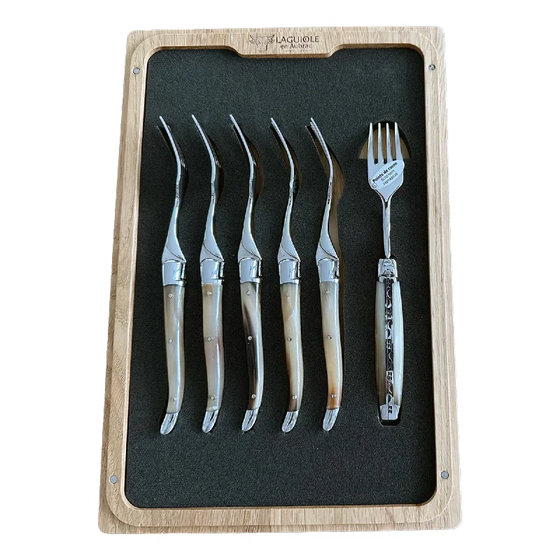 Laguiole en Aubrac Handcrafted 6-Piece Dessert Fork Set With Solid Horn Handles