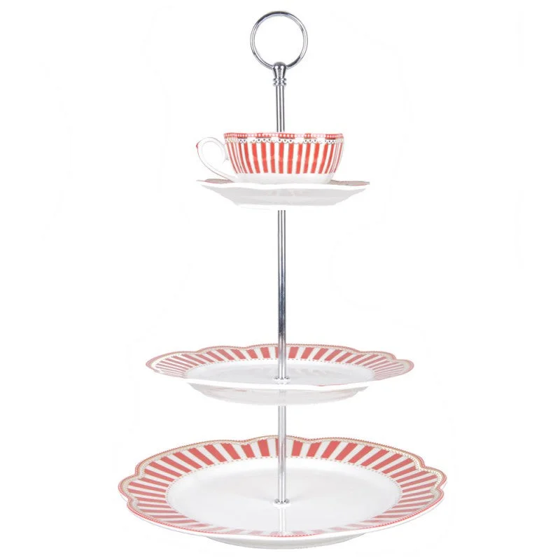 Red Josephine Fine Porcelain Teacup 3 Tier Dessert Cake Stand