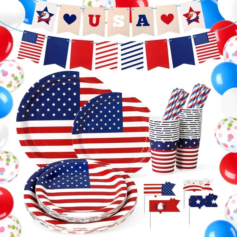 141 PCS Labor Day Party Supplies Contains Paper Plates, Cups, Straws, Balloons, Banners, Cake Flags, Serve 25