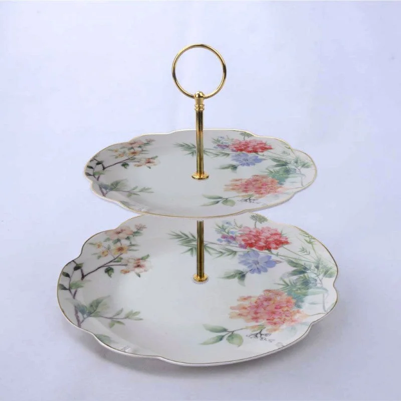 Camellia Vine Scallop 2 Tier Porcelain Cake Stand Dessert Server