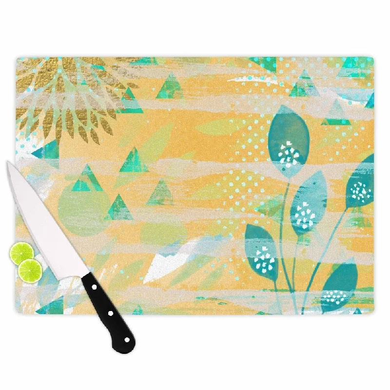 Kess InHouse Li Zamperini 'Foliage' Yellow and Green Glass Cutting Board