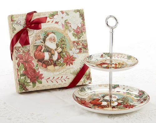 Victorian Christmas Santa 2-Tier Dessert Stand in Matching Gift Box - Only 1 Available!