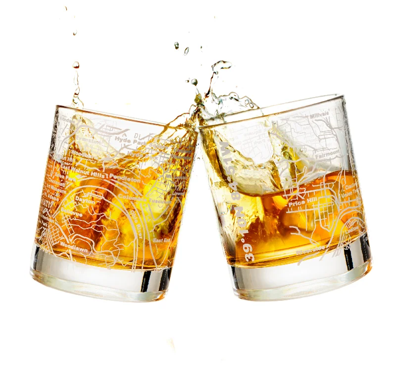 Cincinnati Etched Street Grid Whiskey Glasses