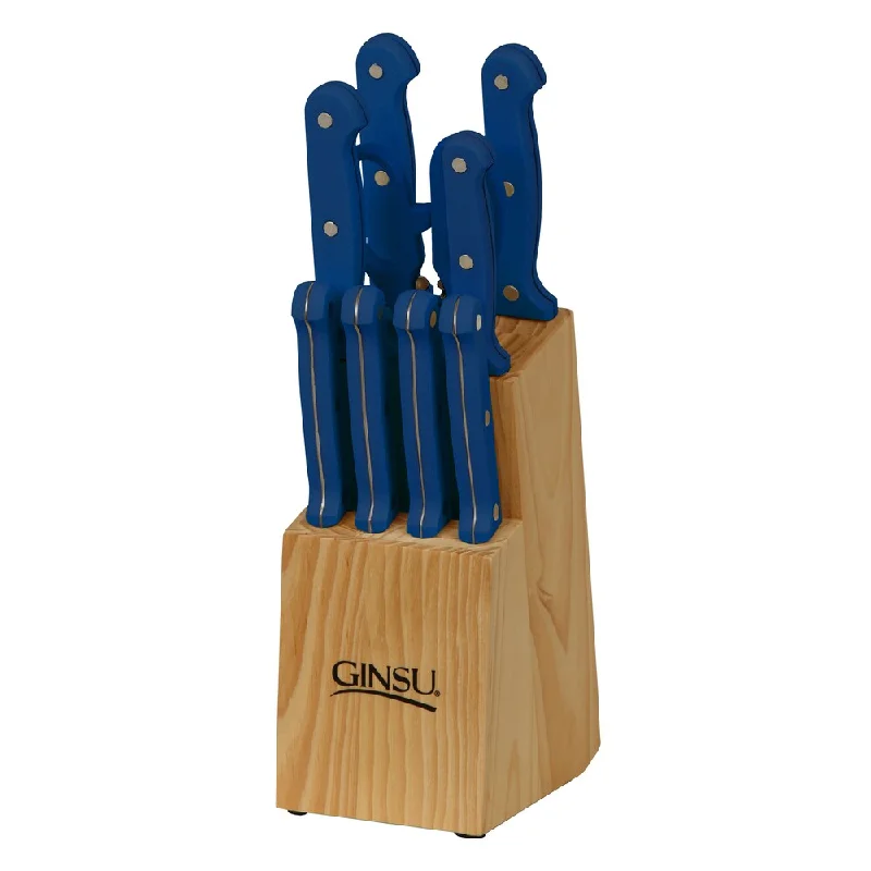 Ginsu Essential Series 10-Piece Stainless Steel Serrated Knife Set - Cutlery Set with Blue Kitchen Knives, Black Block