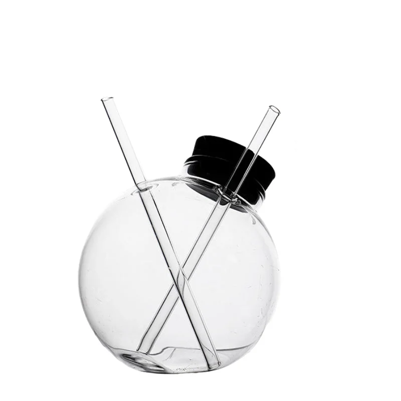 Stylish Spherical Globe Cocktail Glass with Lid,Creative Wine Glasses with Straws