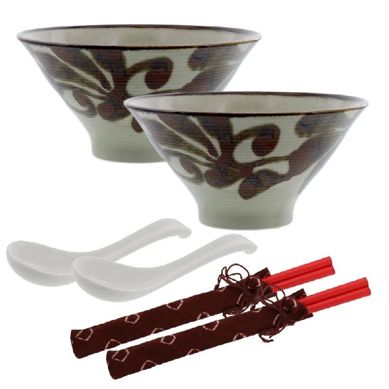 Ryukyukarakusa Trapezoidal Donburi Bowls with Chopsticks and Soup Spoons Set of 2 - Mahogany