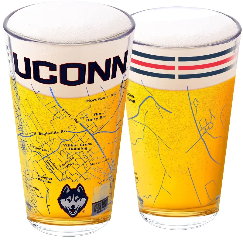 University of Connecticut Pint Glasses Contains Full Color Huskies Logo & Campus Map Gift Idea for Uconn College Grads and Alumni (Set of 2)