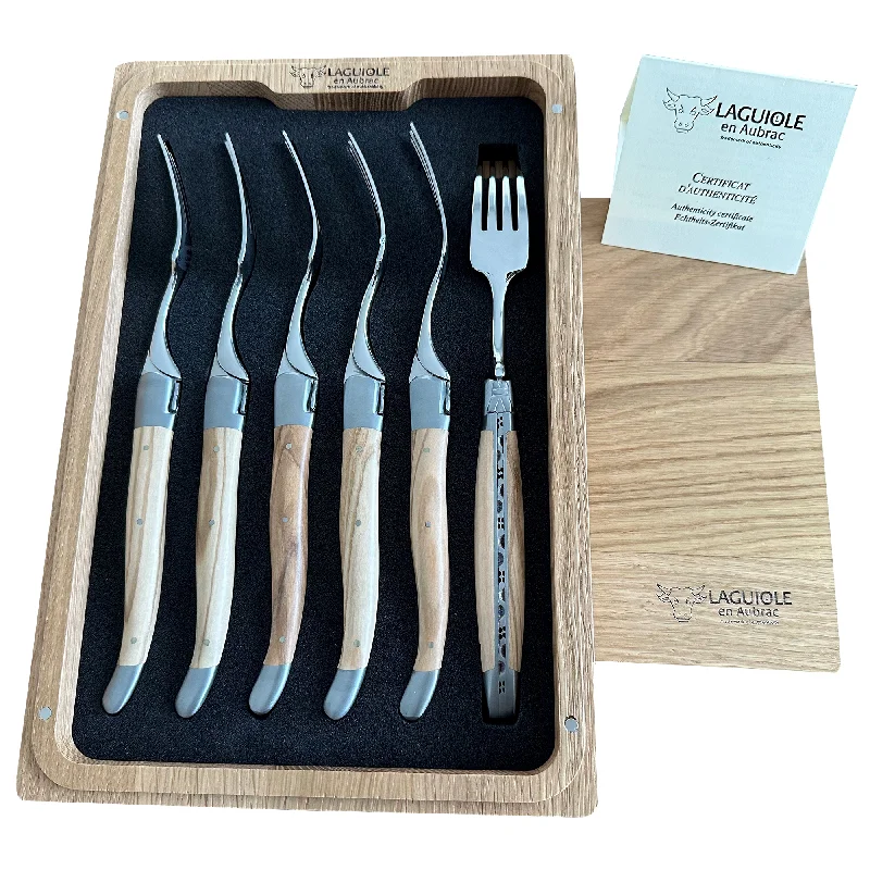 Laguiole en Aubrac Handcrafted 6-Piece Dinner Fork Set with With Olivewood Handles