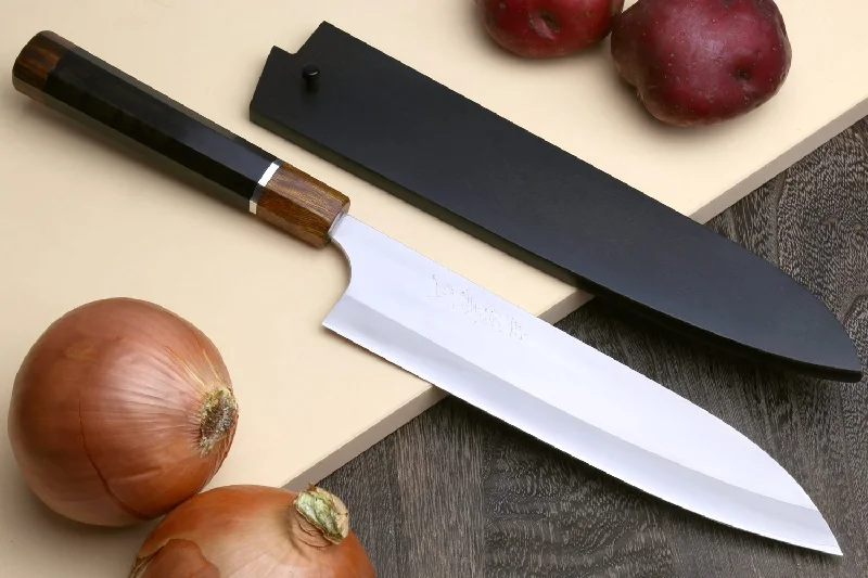 Yoshihiro Hayate ZDP-189 Super High Carbon Stainless Steel Gyuto Chefs Knife Premium Ebony Handle with Sterling Silver Ring Nuri Saya Cover