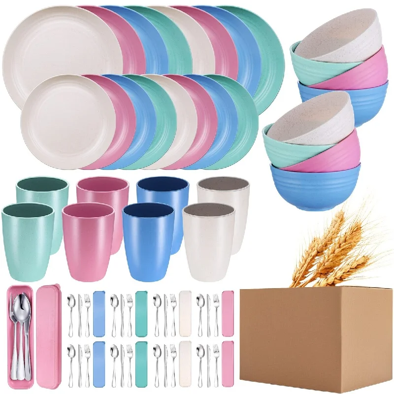 64 Pcs Wheat Straw Dinnerware Sets with Stainless Steel Flatware Unbreakable Plates and Bowls Tableware Set