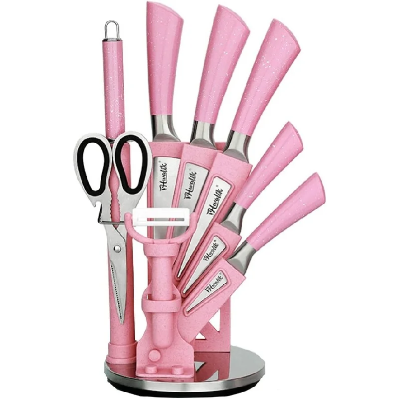 9PC Pink Wheat Straw Sharp Cooking Knife Set with Acrylic Stand