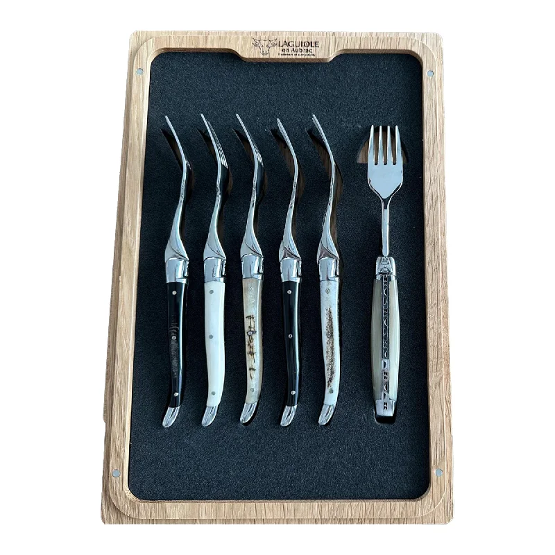 Laguiole en Aubrac Handcrafted 6-Piece Dessert Fork Set with Mixed Horns Handles