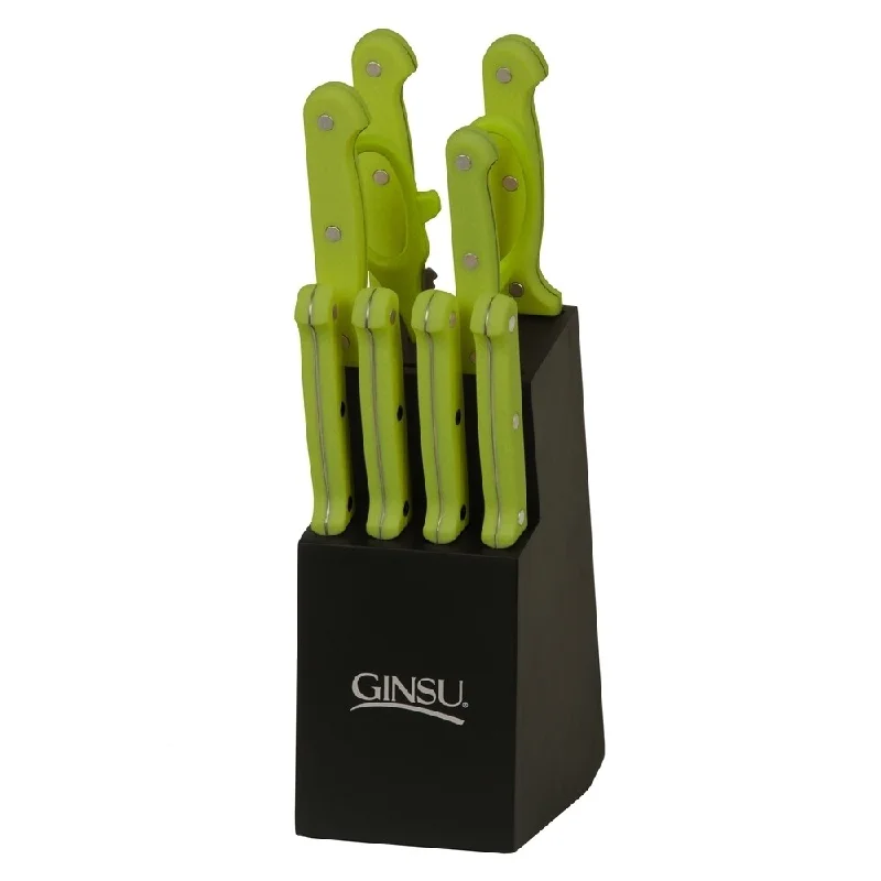 Ginsu Essential Series 10-Pc Stainless Steel Serrated Knife Set - Cutlery Set w/ Lime Green Kitchen Knives, Black Block