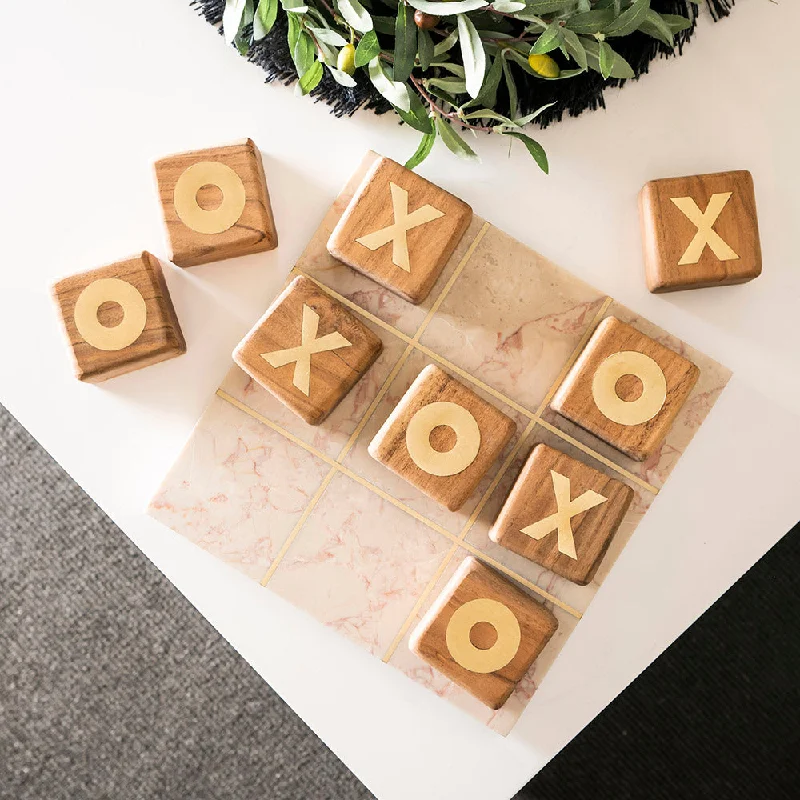 Noughts & Crosses Game Set Pink Marble & Brass