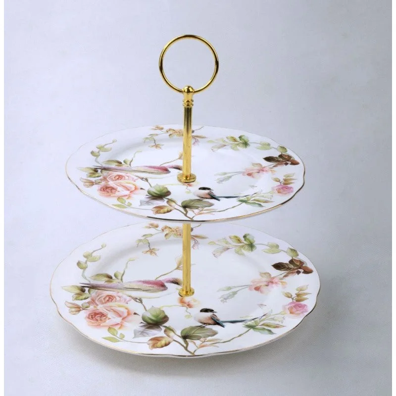 Pink Rose and Bird Scallop 2 Tier Porcelain Cake Stand Dessert Server