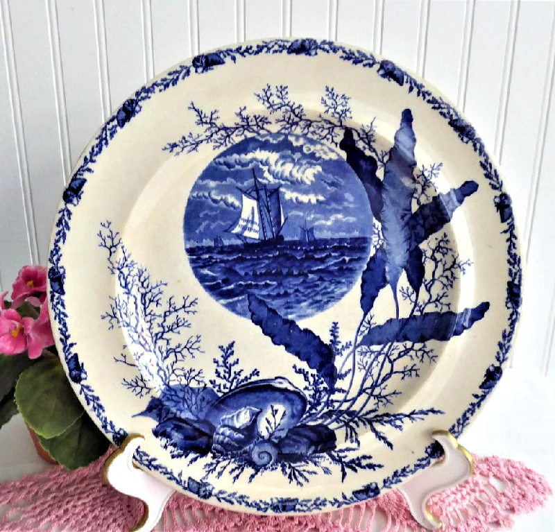 Aesthetic Movement Plate Flow Blue Ocean Scenes Blue Transferware 1890s Seashells 10.5