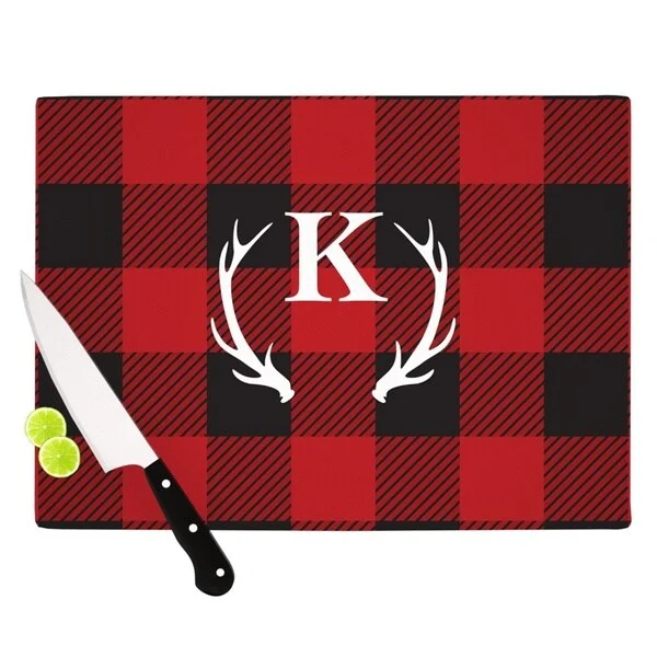 KESS InHouse KESS Original "Red Plaid Monogram" Cutting Board