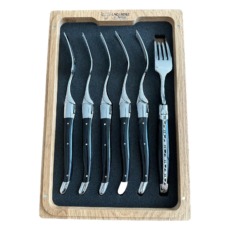 Laguiole en Aubrac Handcrafted 6-Piece Dessert Fork Set with Buffalo Horn Handles