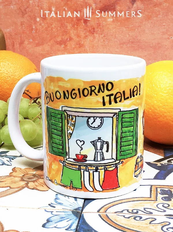 Mug Italian Windows - A charming ceramic mug with typical Italian windows with green shutters