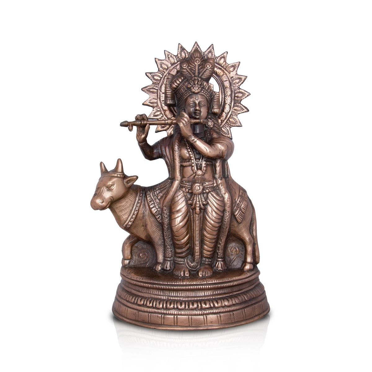 Cow Krishna Murti - 20 x 12 Inches | Copper Oxidised Cow Krishna Statue/ Krishna Idol for Pooja/ 2.800 Kgs