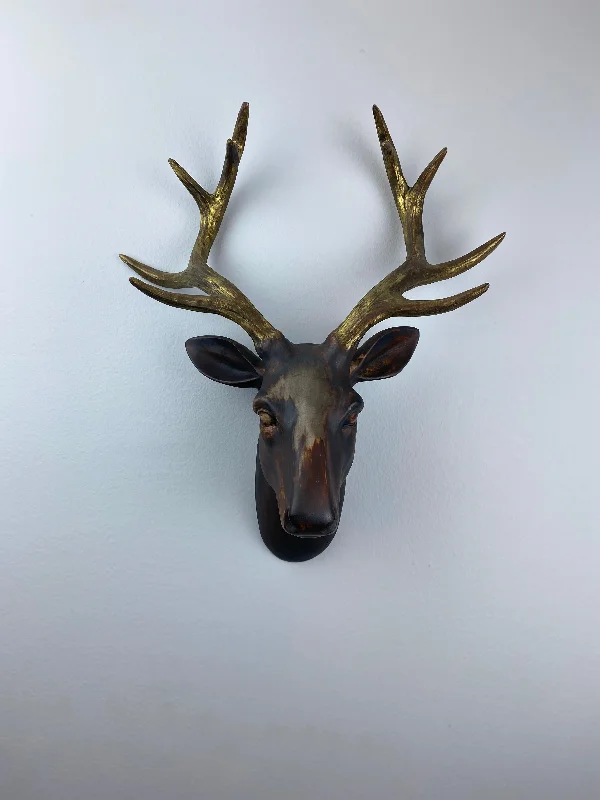 Deer 'Golden Buckhorn' Animal Head Wall Sculpture, Modern Wall Art