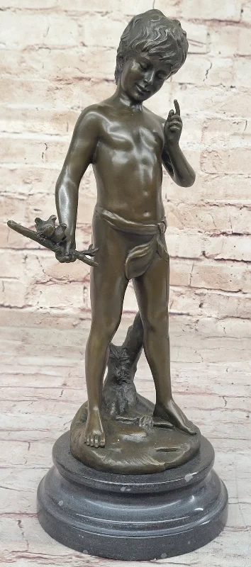 Lost Wax  Handcrafted Artwork: Pan Boy with Bird, Genuine Bronze Statue for Home Decor