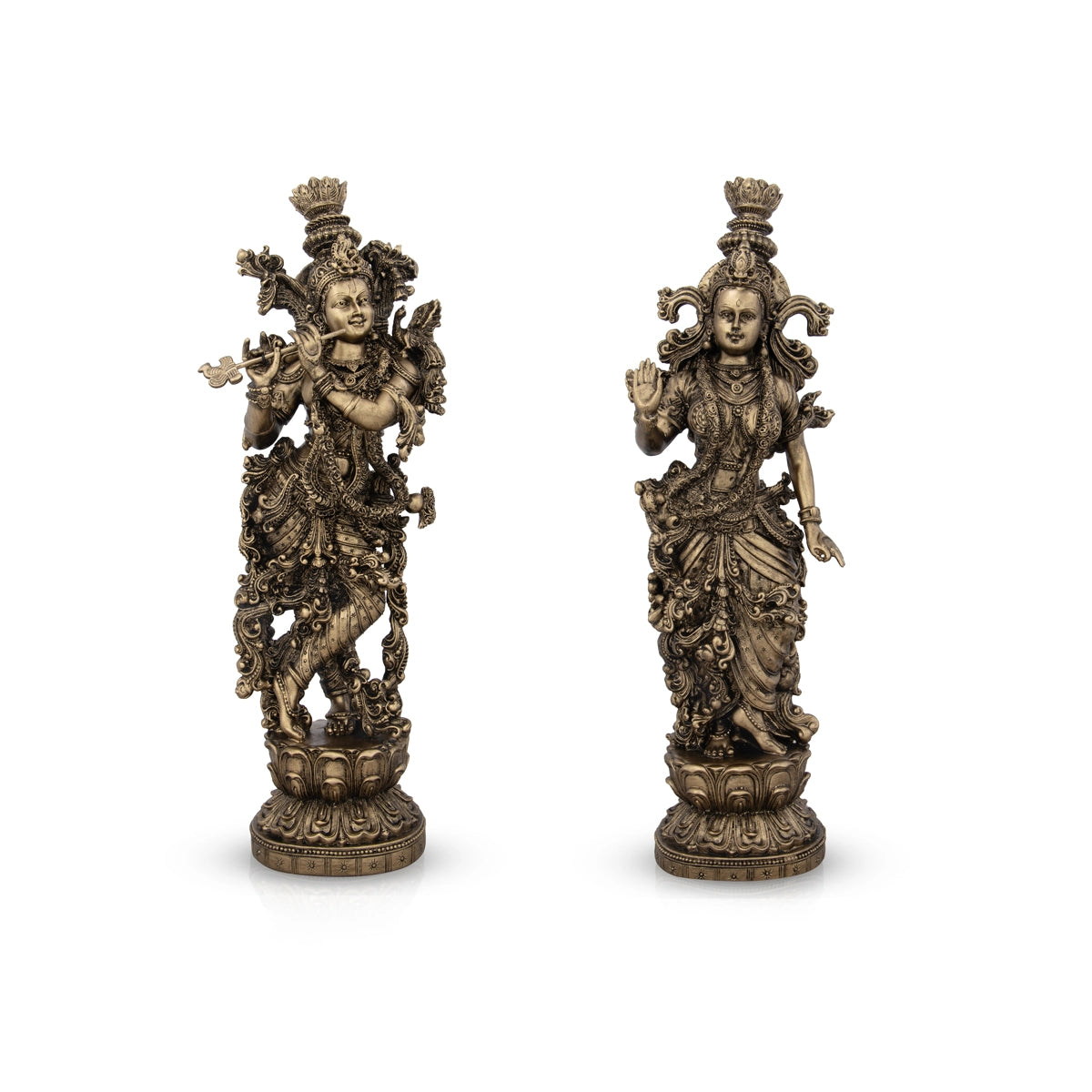 Radha Krishna Statue Pair - 14 x 4.5 Inches | Resin Statue/ Brass Polish Radha Krishna Idol for Pooja/ 2.525 Kgs