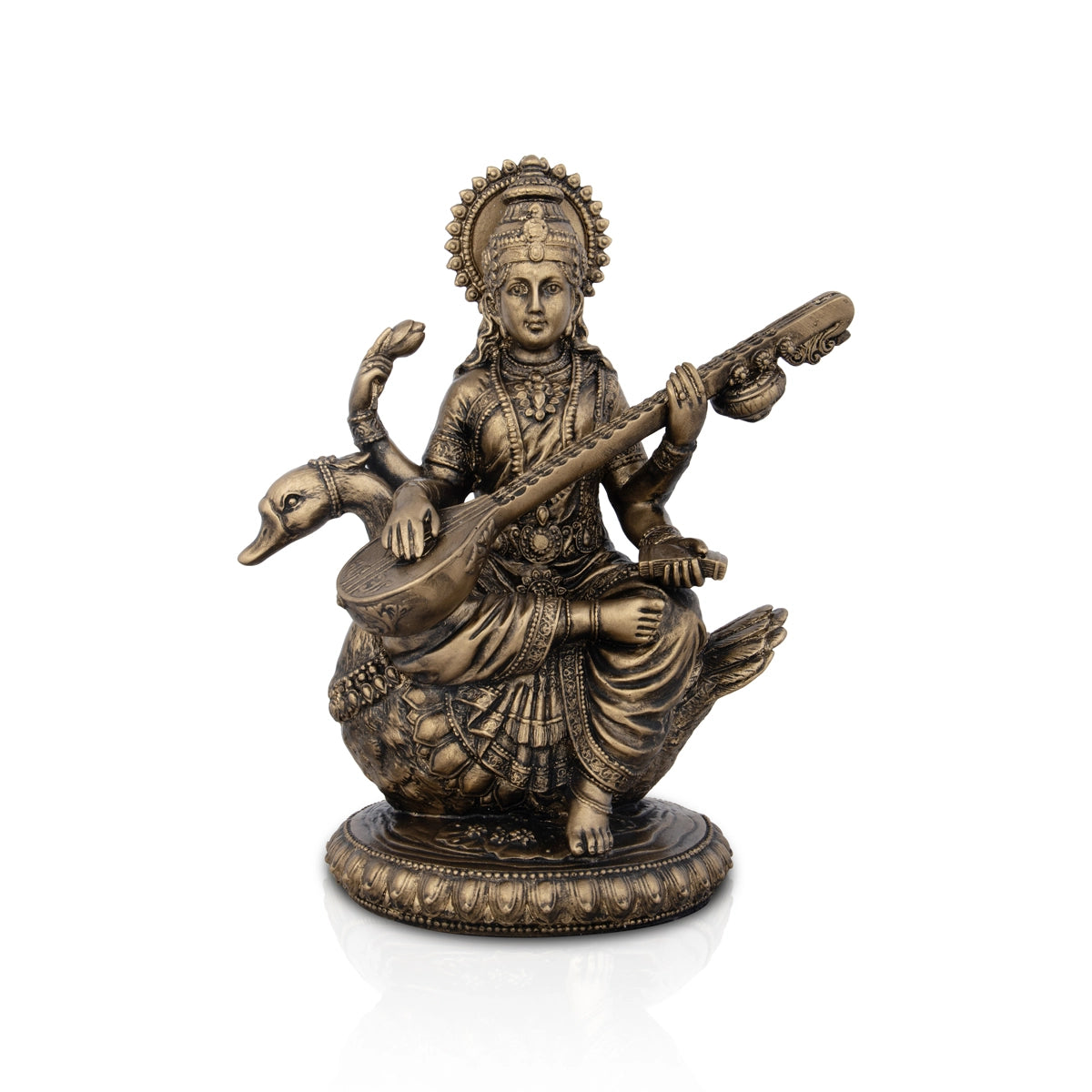 Saraswati Murti - 8 x 7 Inches | Resin Statue/ Brass Polish Saraswati Idol for Pooja/ 995 Gms Approx