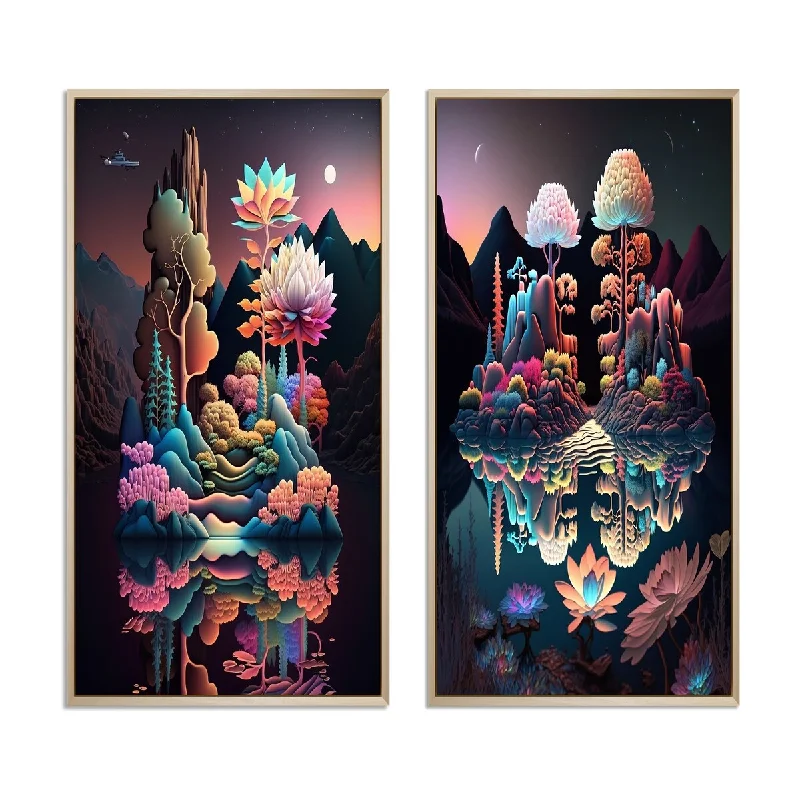 Designart "Abstract Nocturnal Flora Mysterious Lake II" Abstract Framed Wall Art Set Of 2 Wall Art Set Of 2