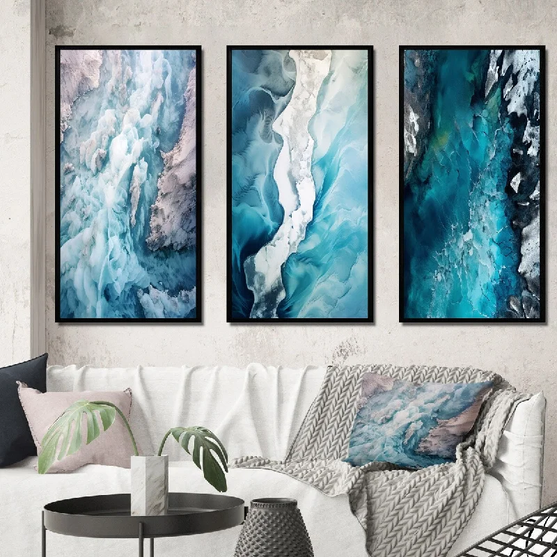 Designart "Aerial View Of Artic Glacier Landscape IV" Glacier Framed Wall Art Set Of 3 - Country For Office Decor