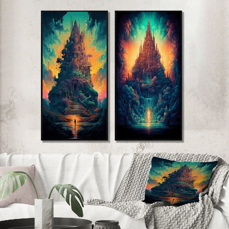 Designart "Ancient Temple In Dreamy Rainbow Landscape" Christianism Framed Wall Art For Bedroom Wall Art Set Of 2