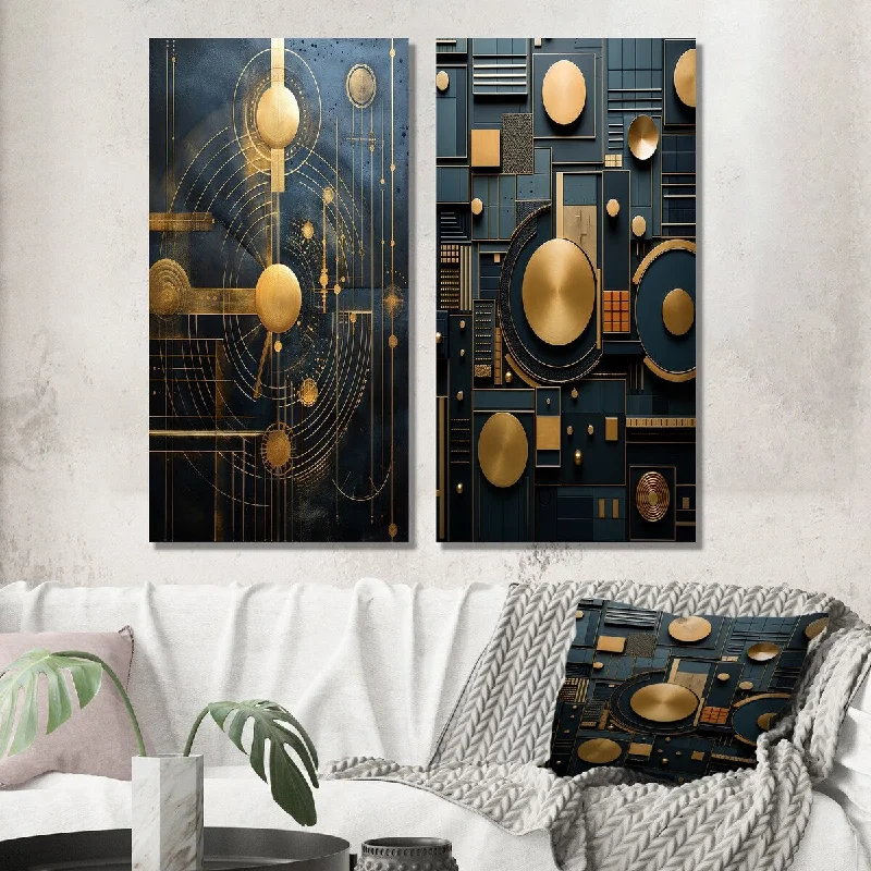 Designart "Arcane Visions In Gold And Teal I" Modern Geometric Wall Art Set of 2 - Modern Wall Art For Home Decor