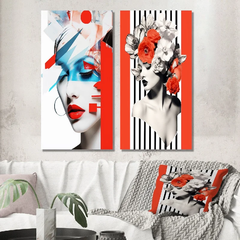 Designart "Avant Garde Portrait In Red And Blue" Fashion Woman Wall Art Set of 2 - Glam Wall Art For Bedroom